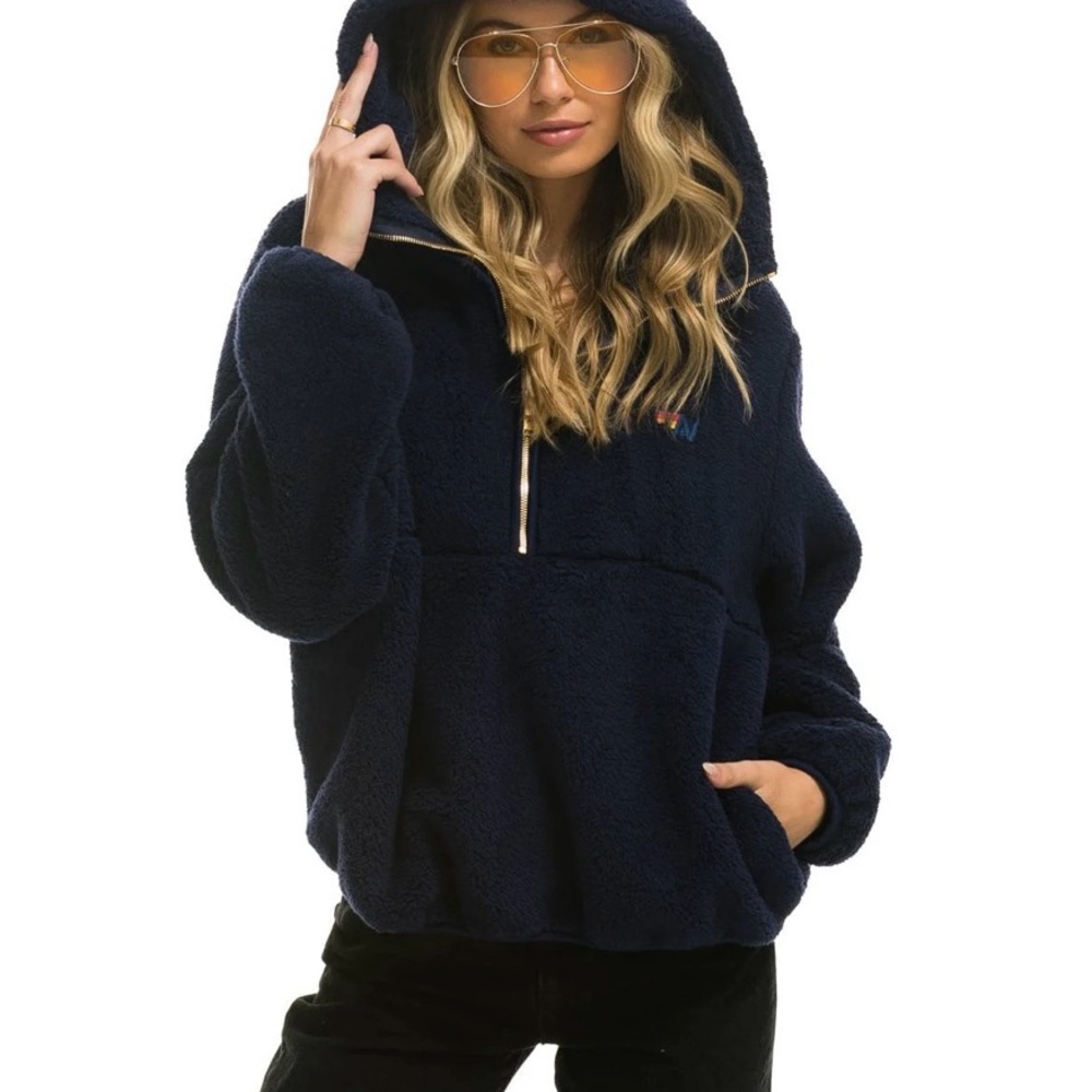 Aviator Nation- TEDDY UNISEX HOODED HALF ZIP JACKET - NAVY (size Large)